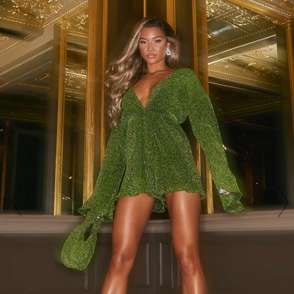 GREEN GLITTER PLISSE FLARE SLEEVE PLUNGE ROMPER